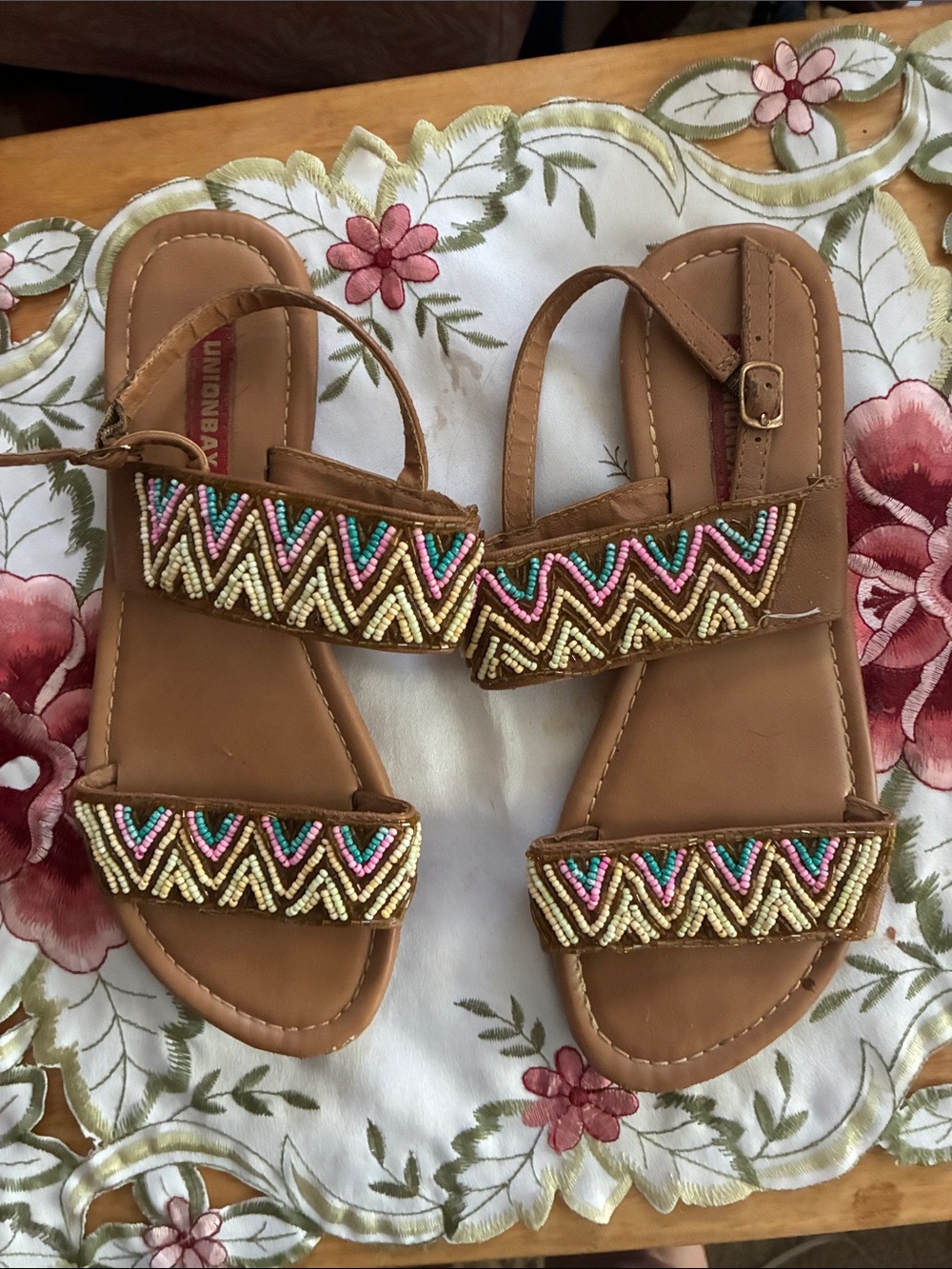 UNIONBAY Tan Beaded Chevron Strap Women's Sandals
